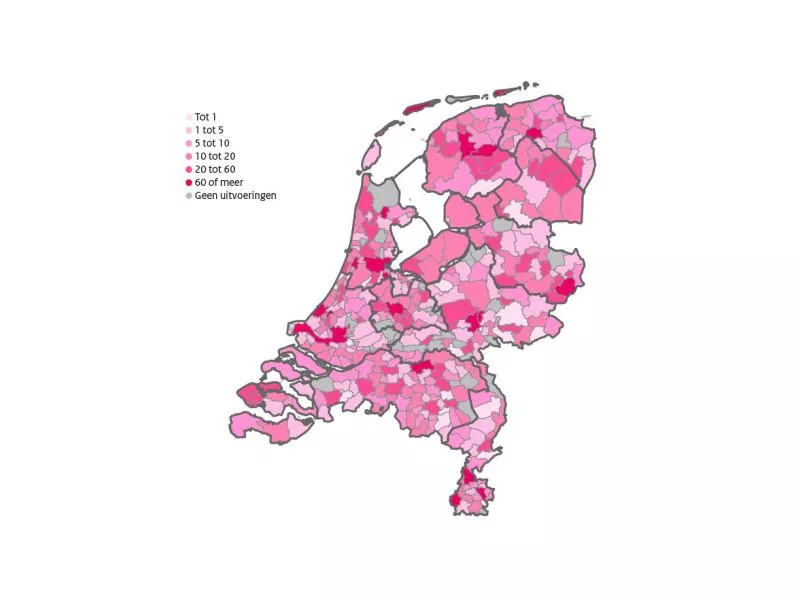 Het aantal uitvoeringen van rijksgesubsidieerde gezelschappen per 10.000 inwoners per gemeente, 2013-2016.Bron: gegevensbank OCW